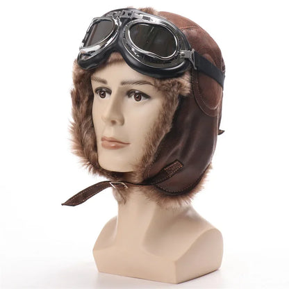 Men Winter Bomber Hat With Goggles Outdoor Motorcycle Windproof Warm Faux Fur Pilot Earflap Hat Leather Thermal Ushanka
