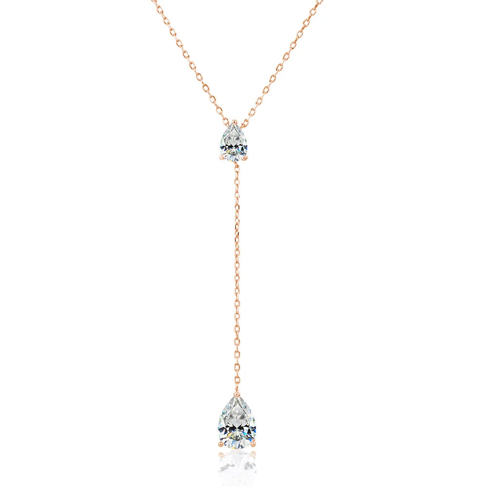 2-Stone Waterdrop Moissanite Pendant Necklace for Women 925 Silver 1.5cttw Y-Style Long Tassel Pear Cut Lab Diamond Neckchain