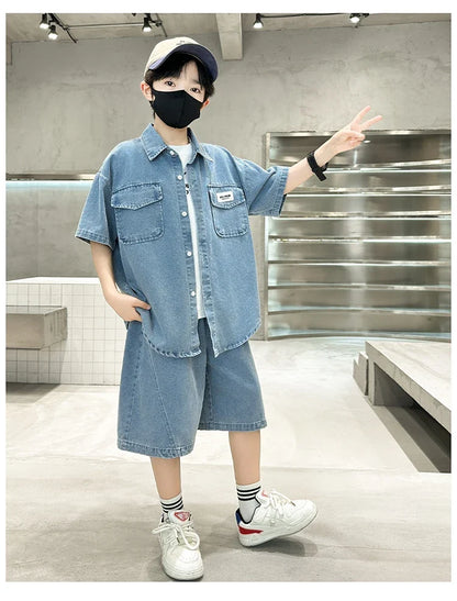 New Casual Kids Child Summer Denim Suit for Teenage Boy High Fashion Short Sleeve Shirt + Shorts 2 Pieces Clothing Set Age 5-14Y