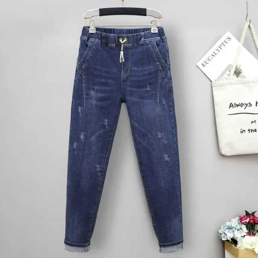 Large Size Baggy Jeans Woman High Waist Loose Harem Pants Elastic Cotton Denim Pants Women Denim Jeans Mom Ripped Jeans