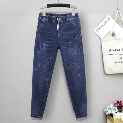 Large Size Baggy Jeans Woman High Waist Loose Harem Pants Elastic Cotton Denim Pants Women Denim Jeans Mom Ripped Jeans