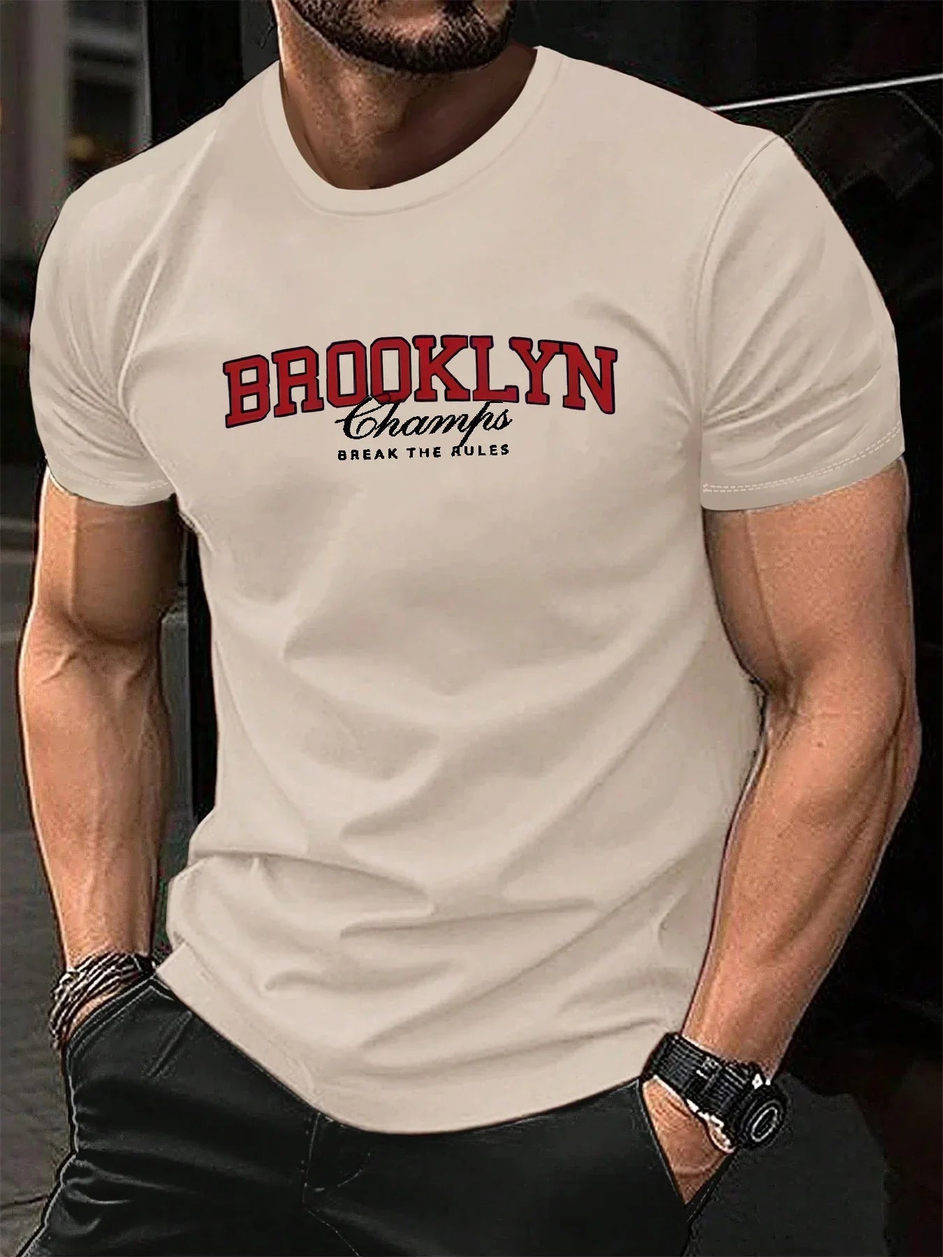 Men's Summer 100% Cotton Fashionable Casual Loose Brooklyn Pattern Printed Sports Round Neck Short Sleeve T-shirt Top