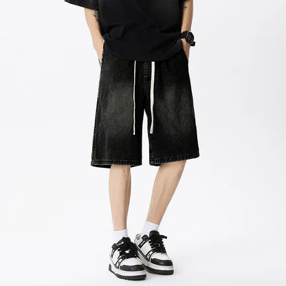 Casual Denim Shorts Men Elastic Waist Straight Comfortable Light Blue Soft Short Pants Baggy Wide Bermuda Male Jeans
