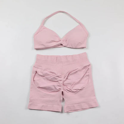 Scrunch Seamless Yoga Set Women Sportswear Ribbed Gym Shorts Strappy Sports Bra 2 Piece Set Halter Workout Clothes Fitness Suit