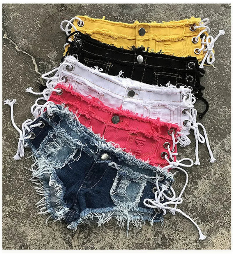 Women Denim Ripped Shorts Sexy Low Waist Jeans Female Summer Denim Knotted Band Mini Shorts Dj Club Party Hotpants