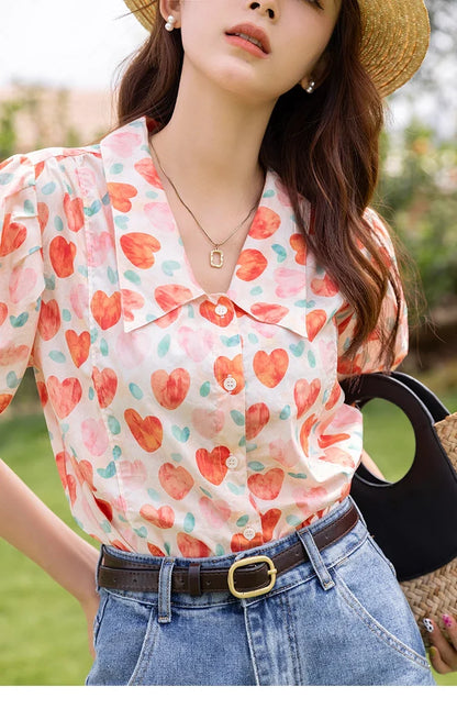 Korean Chic Fashion Women Stylish Blouses Summer French Sweet Retro Floral Polo-neck Puff Sleeves Tops MXB27C0450
