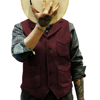 Men's British Casual Suit Vest Herringbone Tweed Vest Notch Lapel Business Dress Waistcoat
