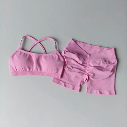 Seamless 2PCS Leggings Set Women Seamless Yoga Set High Waist Scrunch Butt Shorts With Halter Sports Bras Workout Gym Suit Set