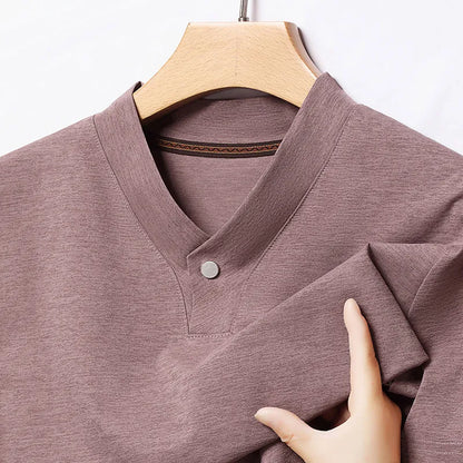 2026 Korean Style Men's Casual and Fashionable One Button V-neck Solid Color Short Sleeved T-shirt Summer Versatile Top