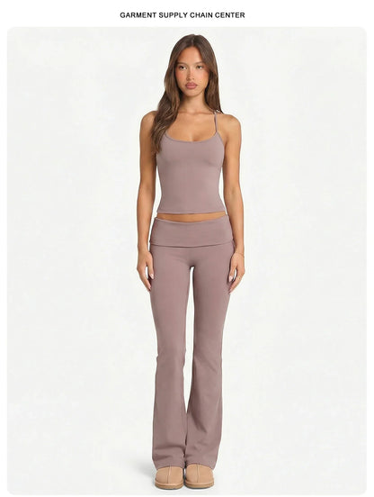 2 Piece Yoga Set Women Foldover Waist Flare Pants Bell Bottoms Tank Top Matching Set Gym Workout Fitness Wear Lounge Wear Suit