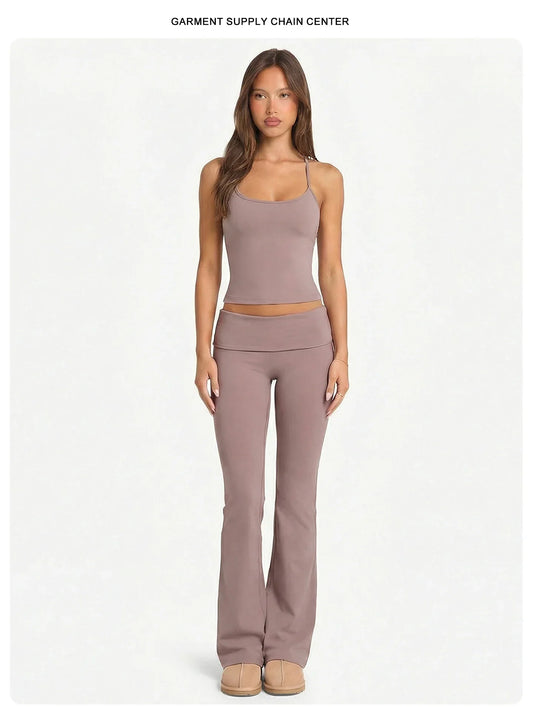 2 Piece Yoga Set Women Foldover Waist Flare Pants Bell Bottoms Tank Top Matching Set Gym Workout Fitness Wear Lounge Wear Suit