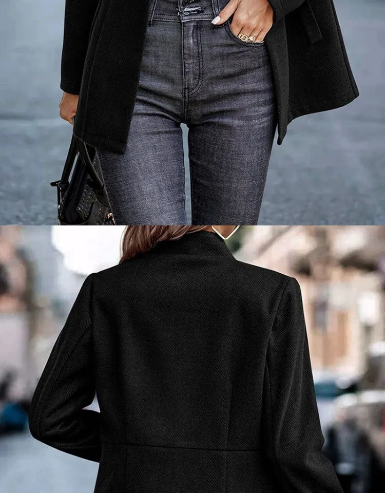 Commute Style Simple Design Woolen Suit Coat Pink Lapel Open Cardigan Short Length Polyester Fiber Women's Fashion Outerwear