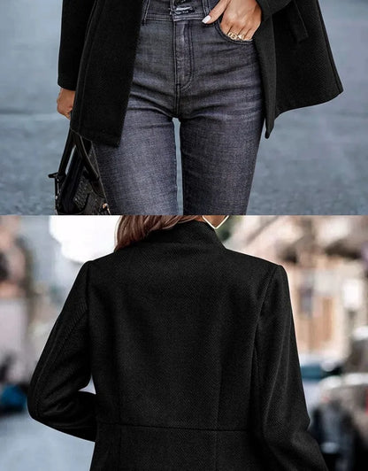 Commute Style Simple Design Woolen Suit Coat Pink Lapel Open Cardigan Short Length Polyester Fiber Women's Fashion Outerwear