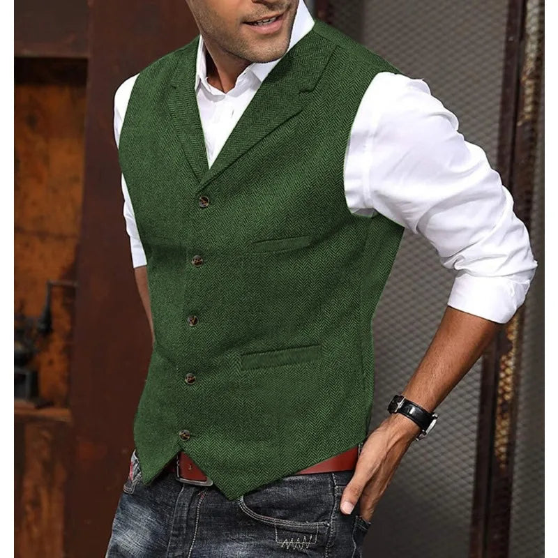 2026 Men's Business Woolen Suit Vest Fashionable British Retro Twill Vest Workwear Slim Fit Vest Elegant Classic Style Black