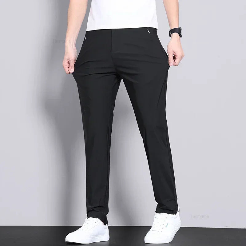High Elastic Ice Silk Casual Pants Men's Spring Summer Ultra-thin Quick Drying Soft Breathable Business Straight Gray Trousers