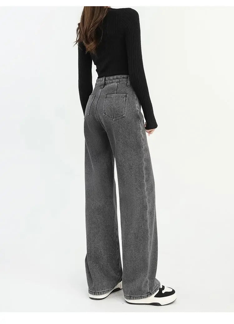 Winter Thick Warm Womens High Waist Jeans Fleece Lined Loose Fit Wide Leg Trousers Korean Style Stretchy Adjustable Waist  Jeans