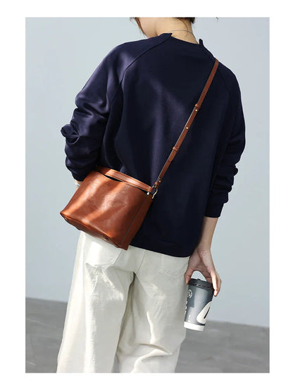 2024 New Arrival Genuine Leather Crossbody Bucket Bags Women Luxury Retro Small Handbag Soft Shoulder Bag