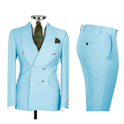 Lvory Shawl Lapel 2 Piece Suit Double Breasted Men's Jacket Pants with Gold Buttons Formal Wedding Groom Attire Prom Tuxedos