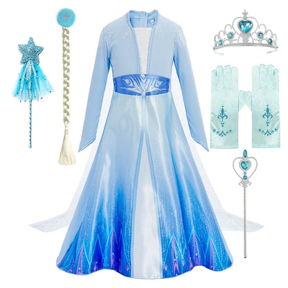 Children Carnival Blue Sequins Elsa Cosplay Dress Girls Elegant Blue Princess Costume Kids Halloween Birthday Party Clothes
