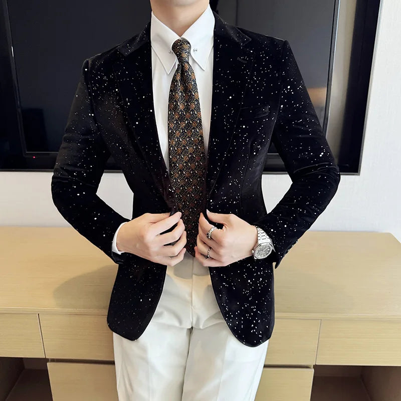 High Quality Velvet Bronzing Suit Coats Mens Sparkle Elegant Slim Business Suits Jacket Homme Formal Social Prom Party Tuxedos
