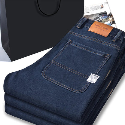 Autumn Winter  Brand New High Waist Jeans Classic Business Casual Office Men's Fashion Stretch Slim Denim Jeans Navy Blue