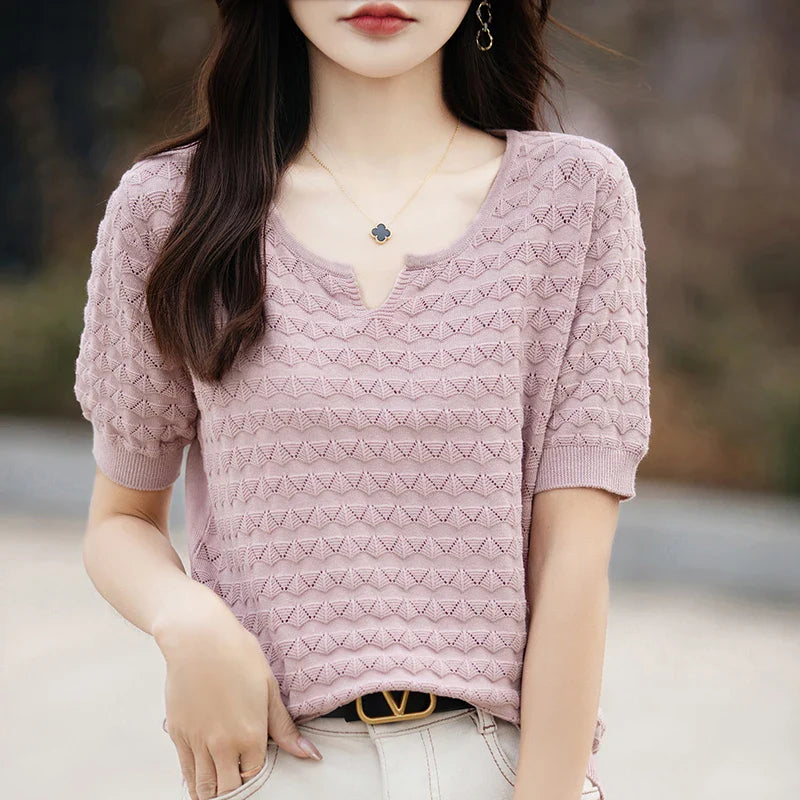 Women's T-shirt Summer New 100% Pure Cotton Tees Casual Solid Knitted Short sleeved V-neck Pullover Loose Tops Fashion Sweater