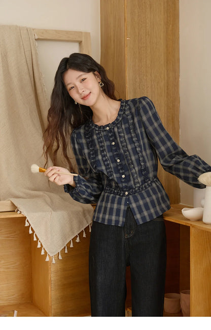 Women's Vintage Blue Plaid Shirt 2025 Autumn New Elegant Luxury Loose Waist Shirts Round Neck Long Sleeved Top MXE45X2480