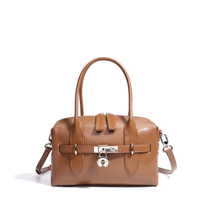 2025 Fall Winter New Top Grain Leather Spacious Boston Bag Lock Design Single Shoulder Crossbody Pack Women Commuting Handbag