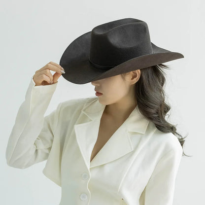 New Autumn Winter Women Fedoras with Belt Buckle Wide Brim Rolled Wool Cowboy Hat M L Size Obtainable