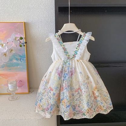 Fashion 2-7 Years Girl Print Lace Sleeveless Vest Princess Dresses Summer Beige Flower Kids Casual Clothes Korean Version