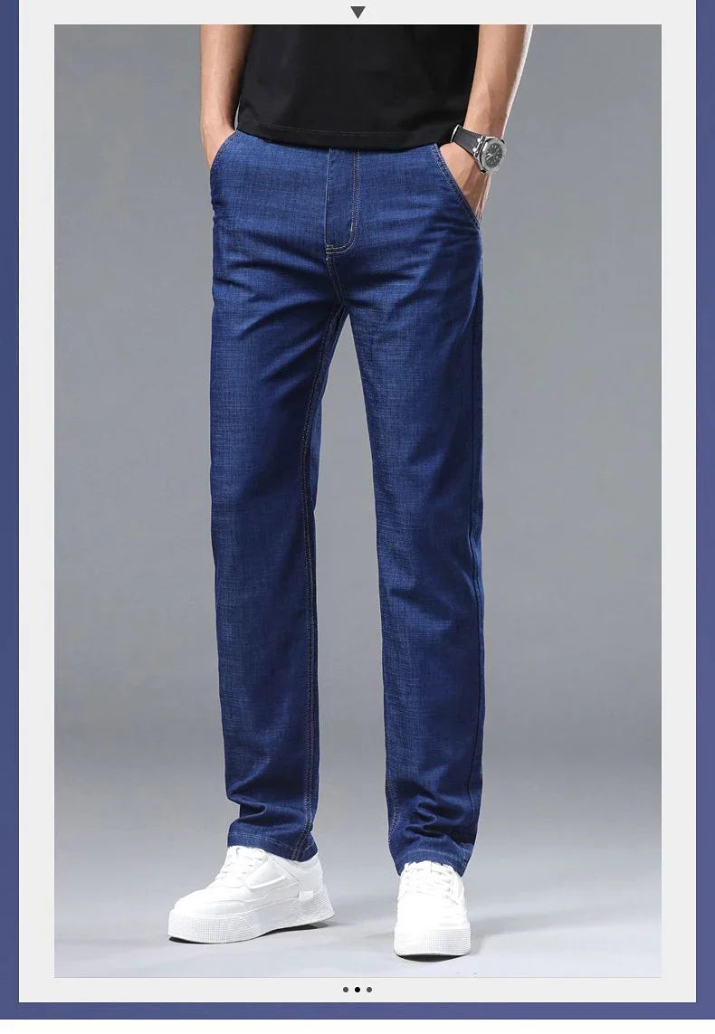 Light blue classic business jeans, fashionable breathable denim elastic pants, black blue men's straight leg jeans, sizes 28-40