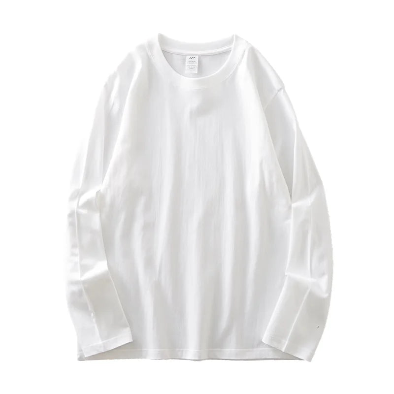 Men's 260G Long Sleeve T Shirts 2025 Spring Pure Cotton Solid Color Basic Crew-Neck Undershirt Men's Loose Tops 11 Color