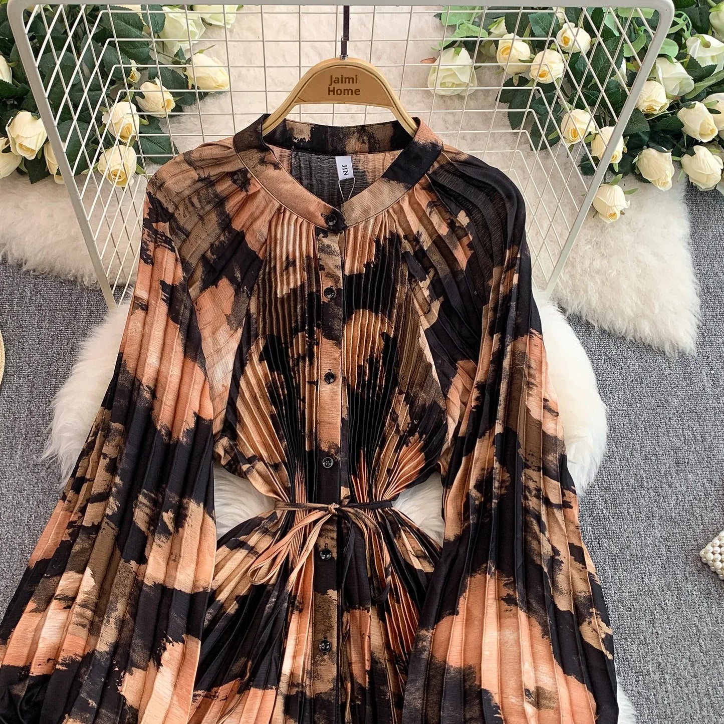 Ele Printed round Ne Lantern Sve Dr Women's Single Button Waist Cinch Maxi Skirt Long Dr Commute Sle Autumn