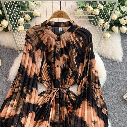 Ele Printed round Ne Lantern Sve Dr Women's Single Button Waist Cinch Maxi Skirt Long Dr Commute Sle Autumn