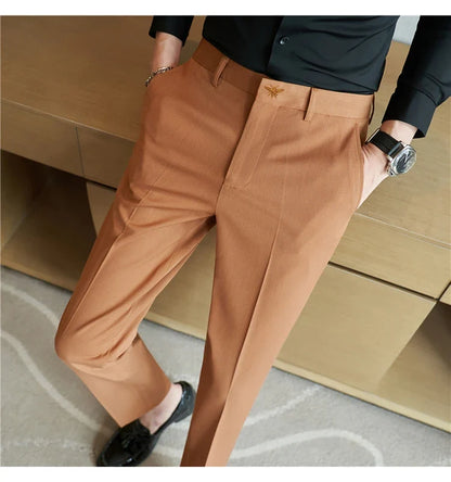 Autumn Mens Fashion Embroidered Trousers Korean Business Dress Solid Suit Pant Formal Office Social Slim Fit Casual Suit Pants