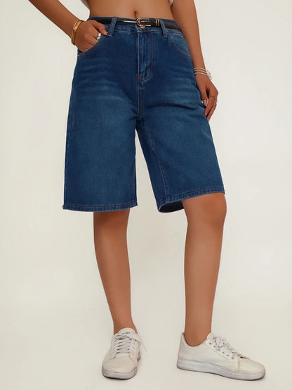 Women's Loose Fit Casual Denim Shorts Deep Blue American Style Spring Summer Suitable All-Match Ladies Jeans Shorts