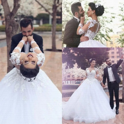 Sheer Neck Lace Appliques A Line Wedding Dresses Plus Size Wedding Gowns 2022 Dubai Middle East Bridal Gowns Saudi Arabian