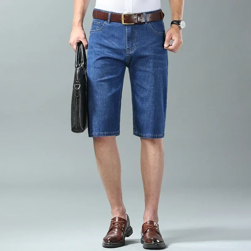 New Summer Men's Denim Shorts Fashion Light Color Casual Loose Multi-pocket Straight Five-minute Pants Elastic Knee Shorts