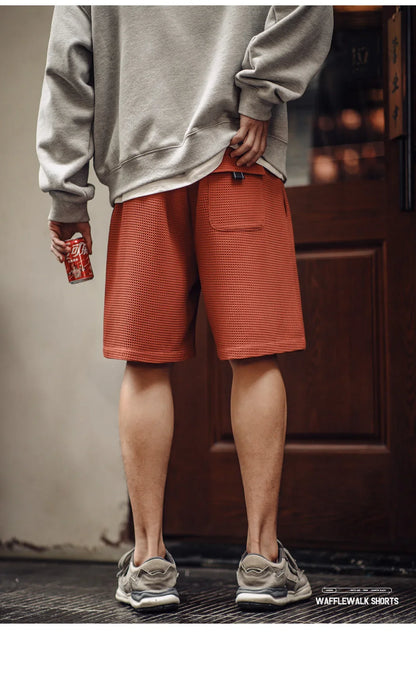 Retro Profile Waffle Fabric Shorts Loose Straight Thin Breathable Elastic Waist Basketball Shorts for Men's Summer