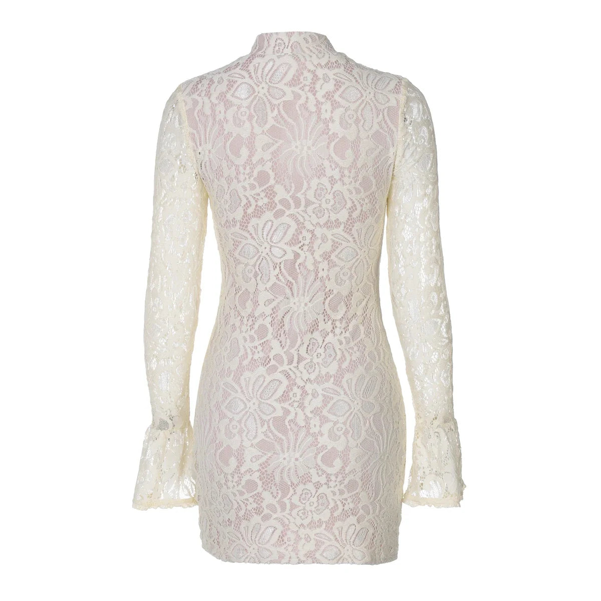 Turtleneck Long Flare Sleeve Patchwork Lace Hollow Out Button Sexy Mini Dress 2025 Spring Women Clothes Party Nightclub