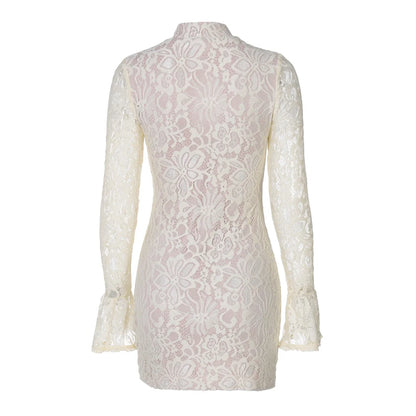 Turtleneck Long Flare Sleeve Patchwork Lace Hollow Out Button Sexy Mini Dress 2025 Spring Women Clothes Party Nightclub