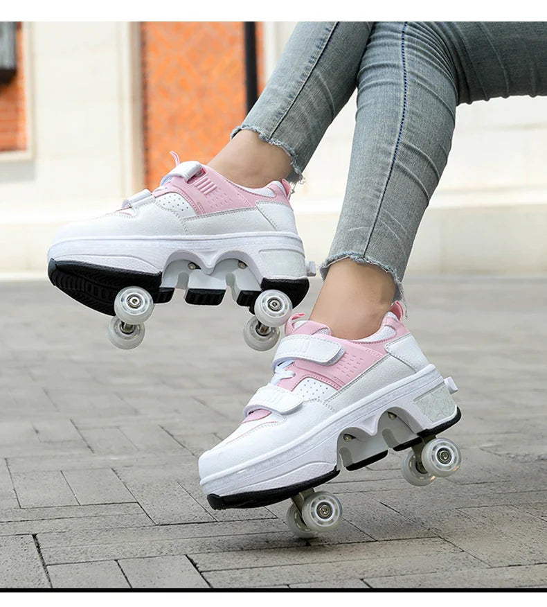 Children Wheels Shoes Roller Sneakers With 4 Wheels Skates Adult Runaway Parkour Deformation Shoes For Women Men Youth Kids Gift