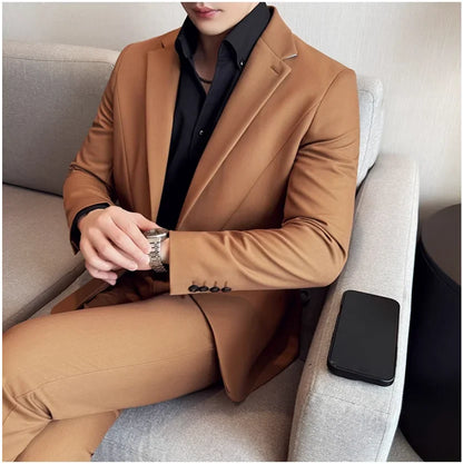 (Jacket+Pant) New Men Pure Color Business Social Wedding Party Suit Fashion Male Banquet Party Slim Fit Dress Blazer and Trouser