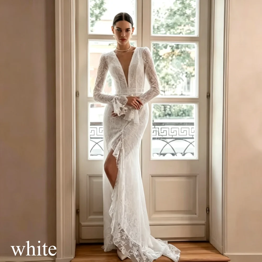 Boho Lace Appliques Mermaid Wedding Dress Simple Long Sleeves Sexy Deep V-Neck Cut-out Bridal Gown High Slit Vestidos Customized