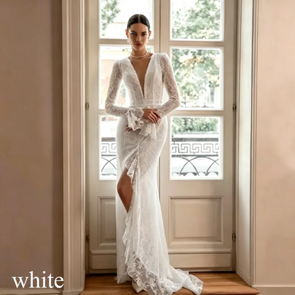 Boho Lace Appliques Mermaid Wedding Dress Simple Long Sleeves Sexy Deep V-Neck Cut-out Bridal Gown High Slit Vestidos Customized