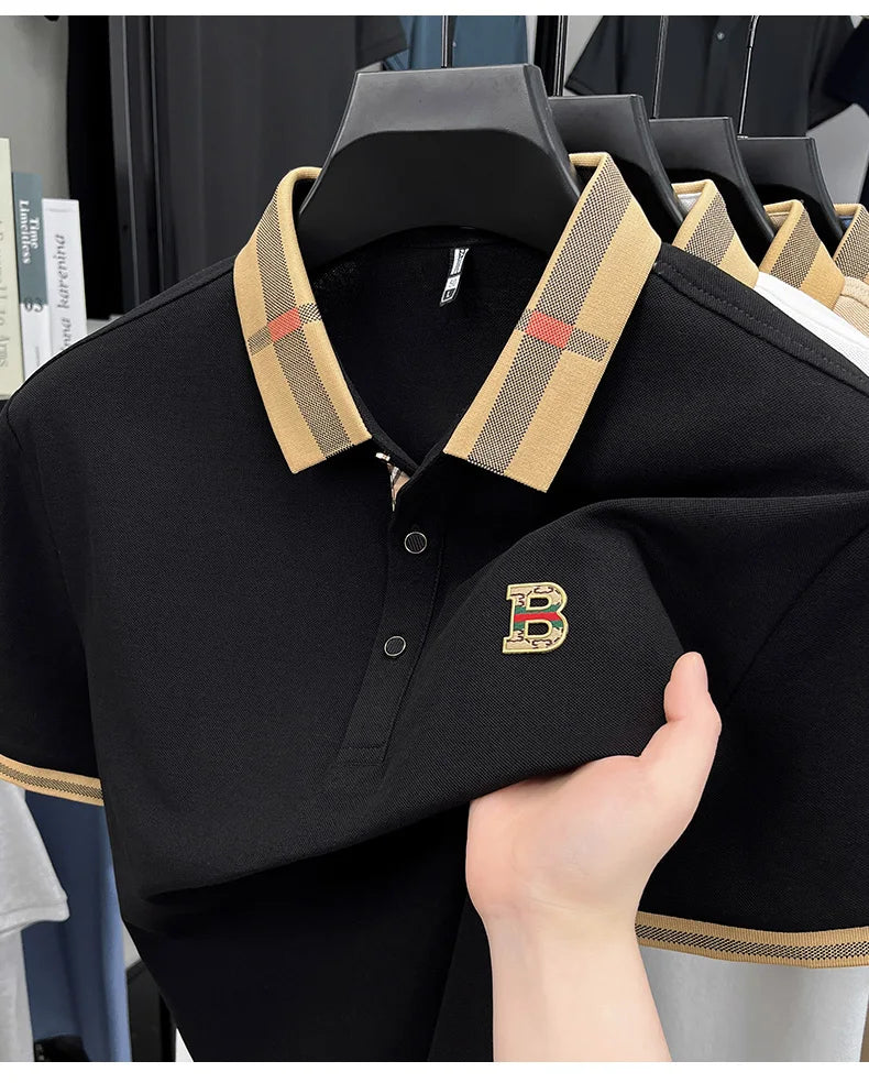 Summer men's light luxury brand letter printed short sleeved T-shirt Polo shirt breathable striped collar business casual top