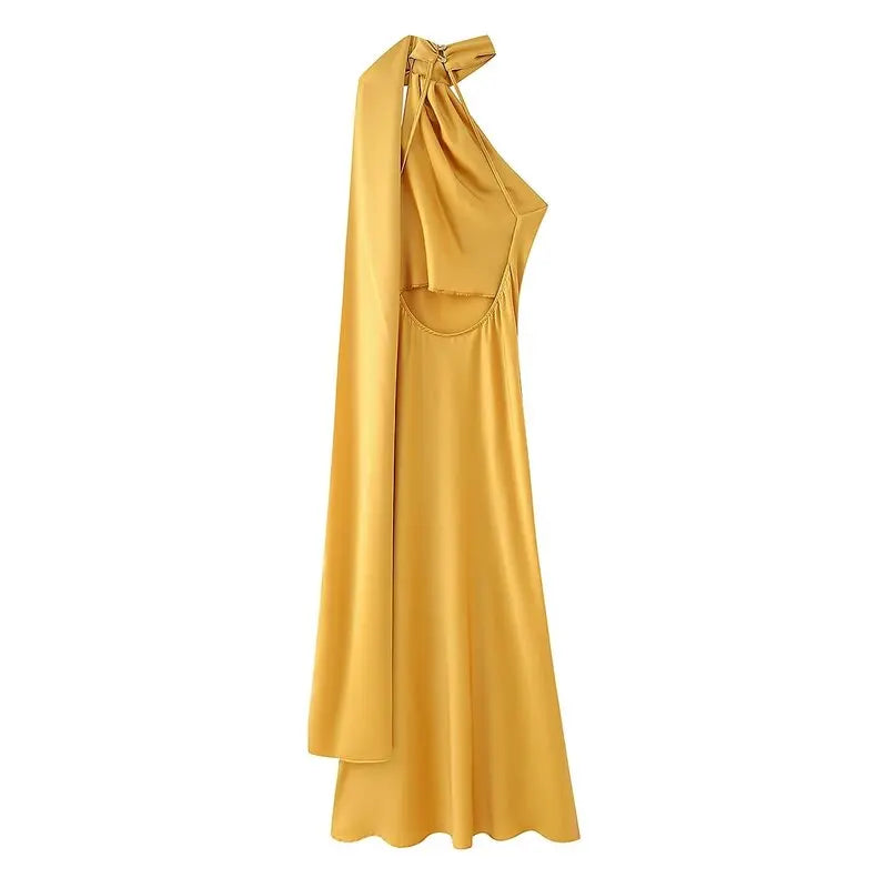 Elegant Long Silk Satin Dress Neck Hanging Pure Color Slim Fit Summer New Fashion Women's Dress City Commuting Casual Wedding