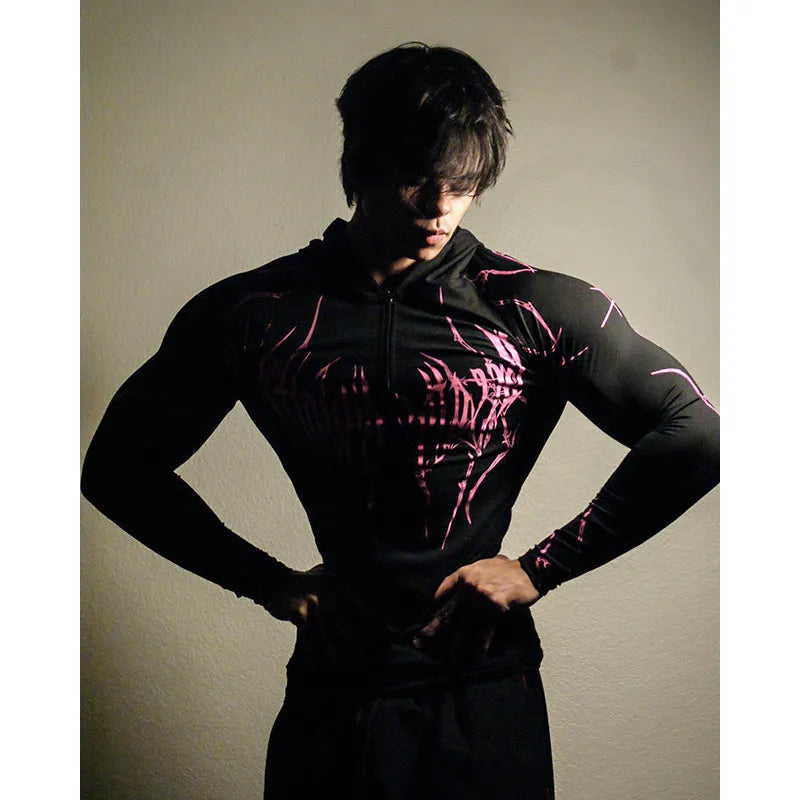 2026 Spring Summer New Men's Black Hooded Sports Compression Long Sleeve Shadow Style Street Subcultural Style