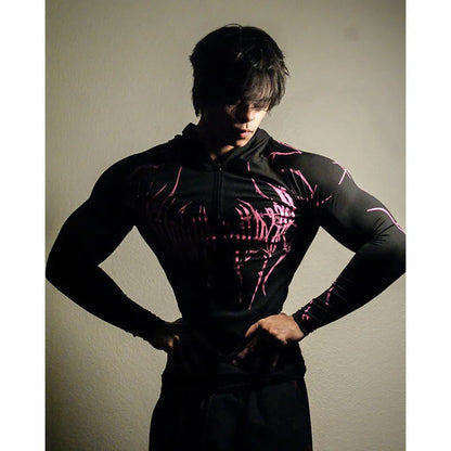 2026 Spring Summer New Men's Black Hooded Sports Compression Long Sleeve Shadow Style Street Subcultural Style