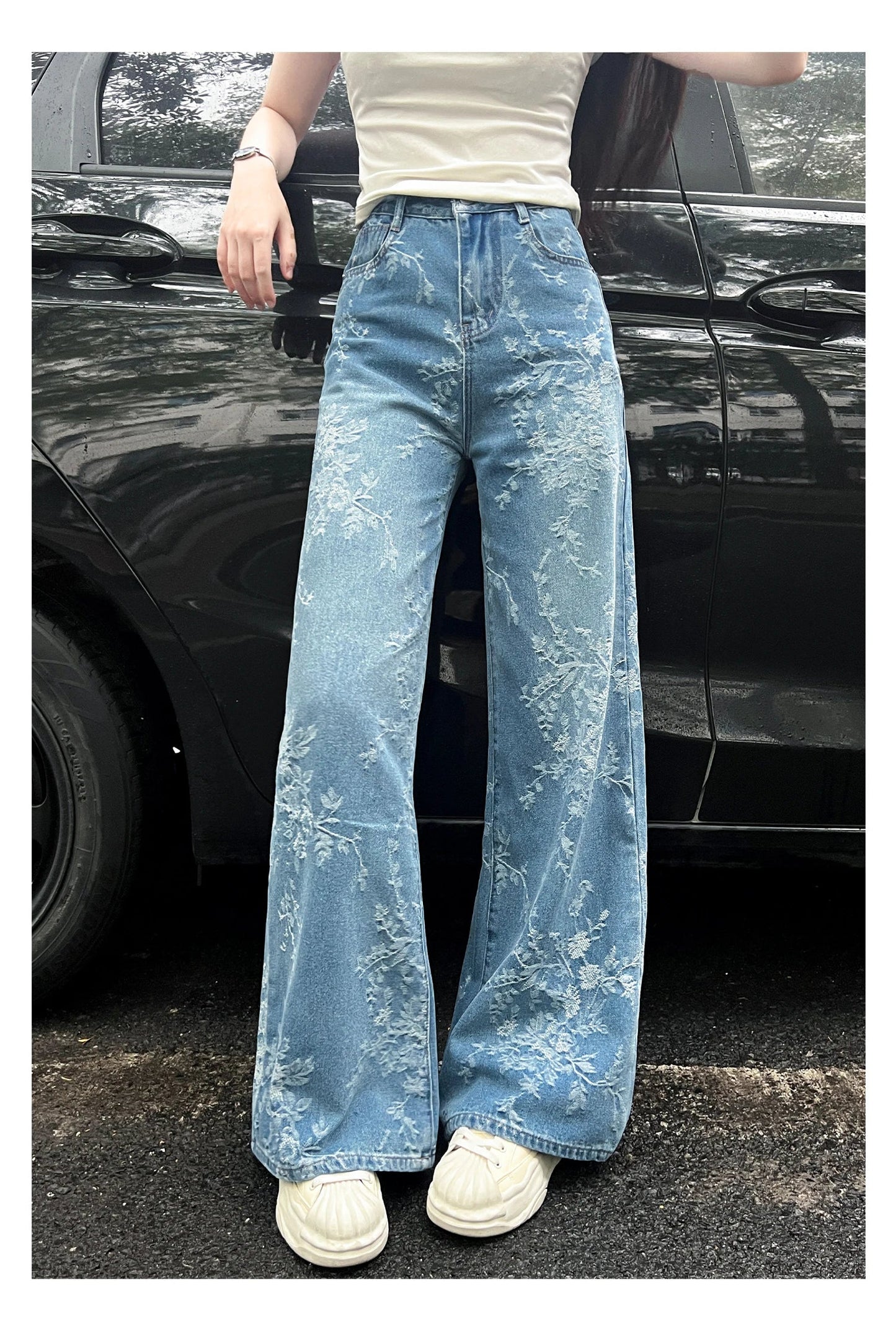 Women's Embroidered Floral Wide Leg Jeans High Waist Slim Fit Straight Cut Summer New Sle Thin Version Casual Denim Pants